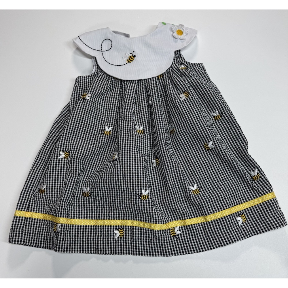 Samantha Says Seersucker Gingham Dress Bumblebee Embroidered Size 2T